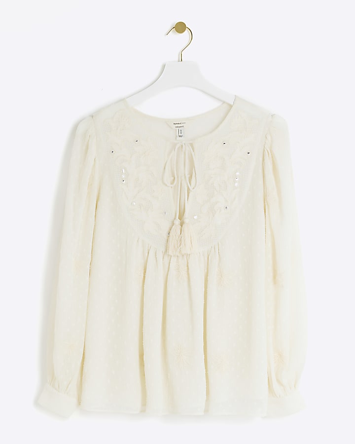 Cream embroidered tie up blouse