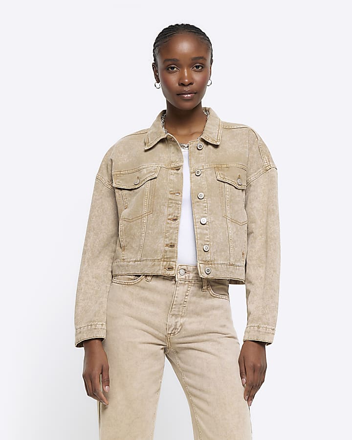 Beige cropped denim fashion jacket