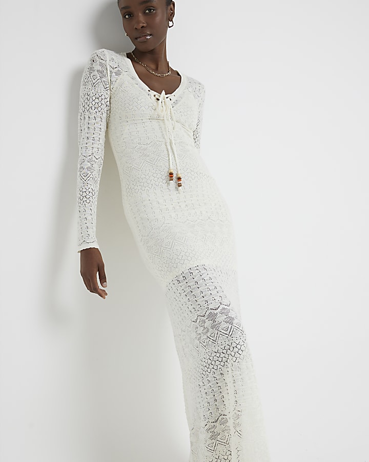 White crochet bodycon beach maxi dress