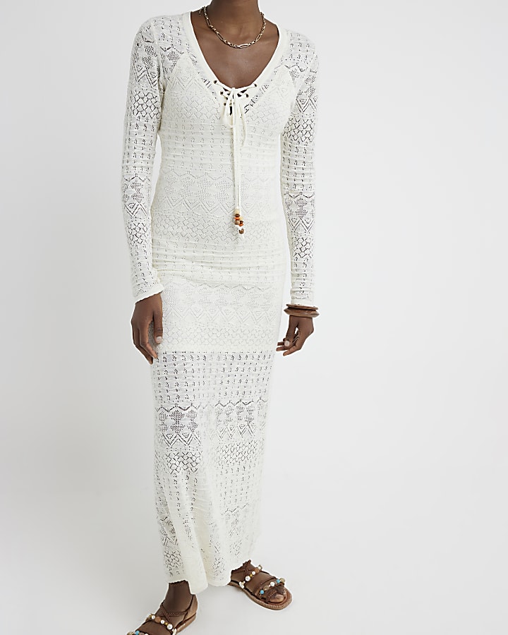 White crochet bodycon beach maxi dress