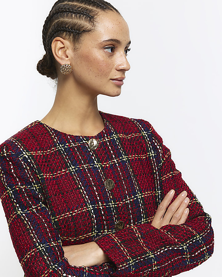 Red boucle check crop jacket