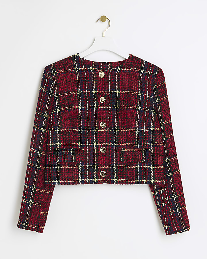 Red boucle check crop jacket