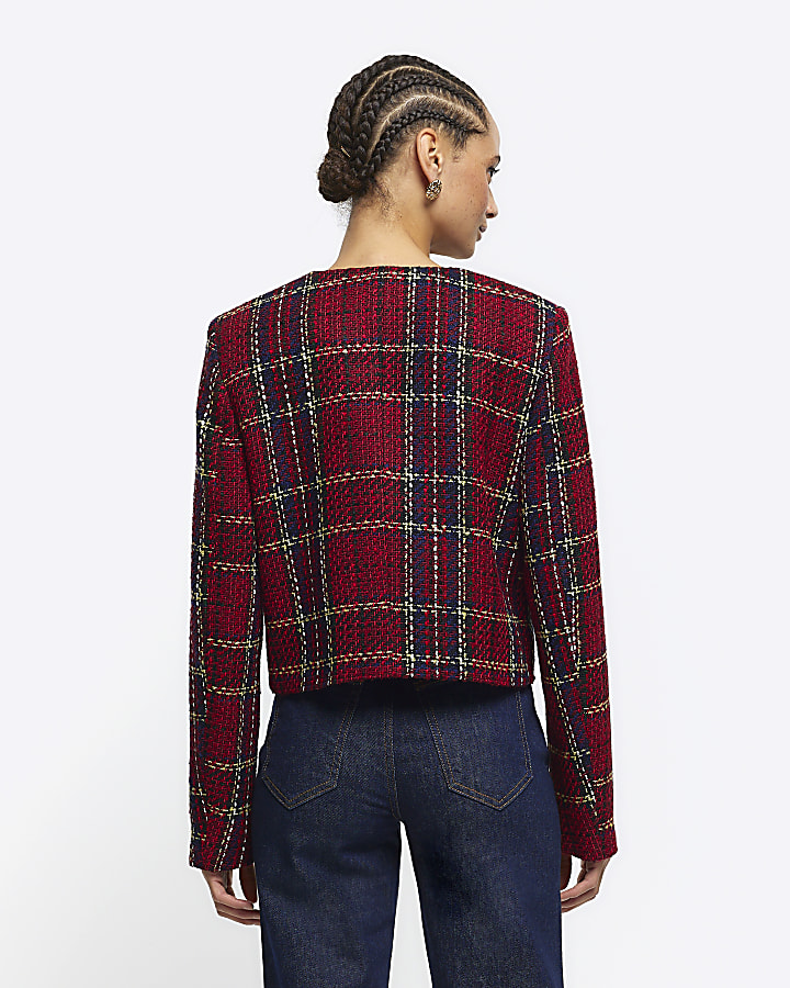 Red boucle check crop jacket