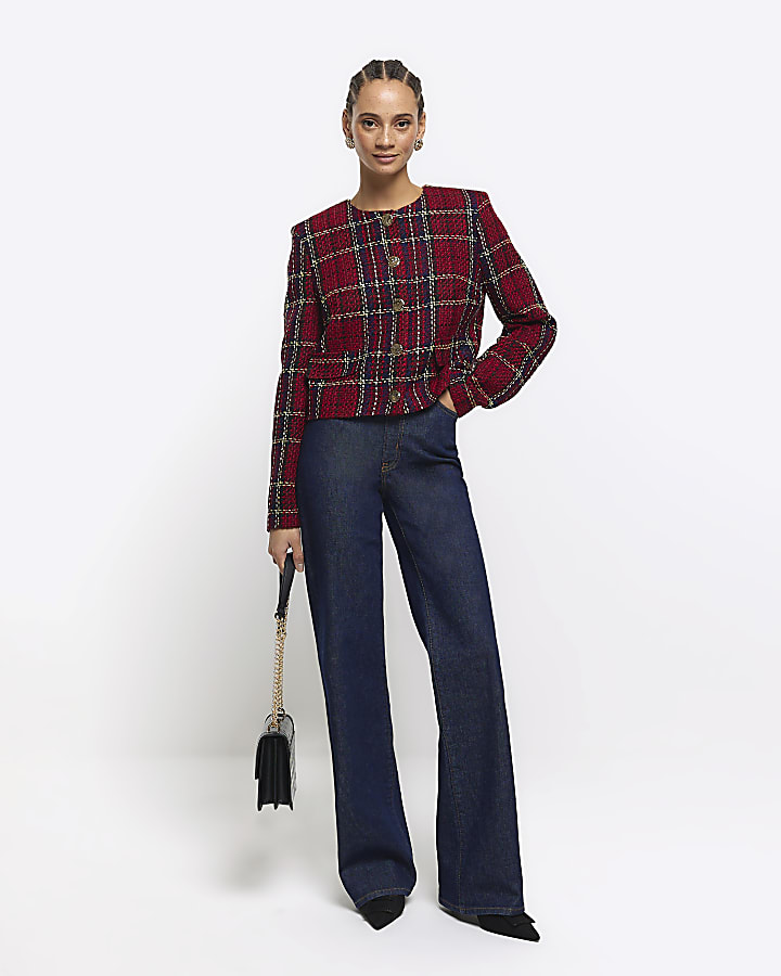 Red boucle check crop jacket