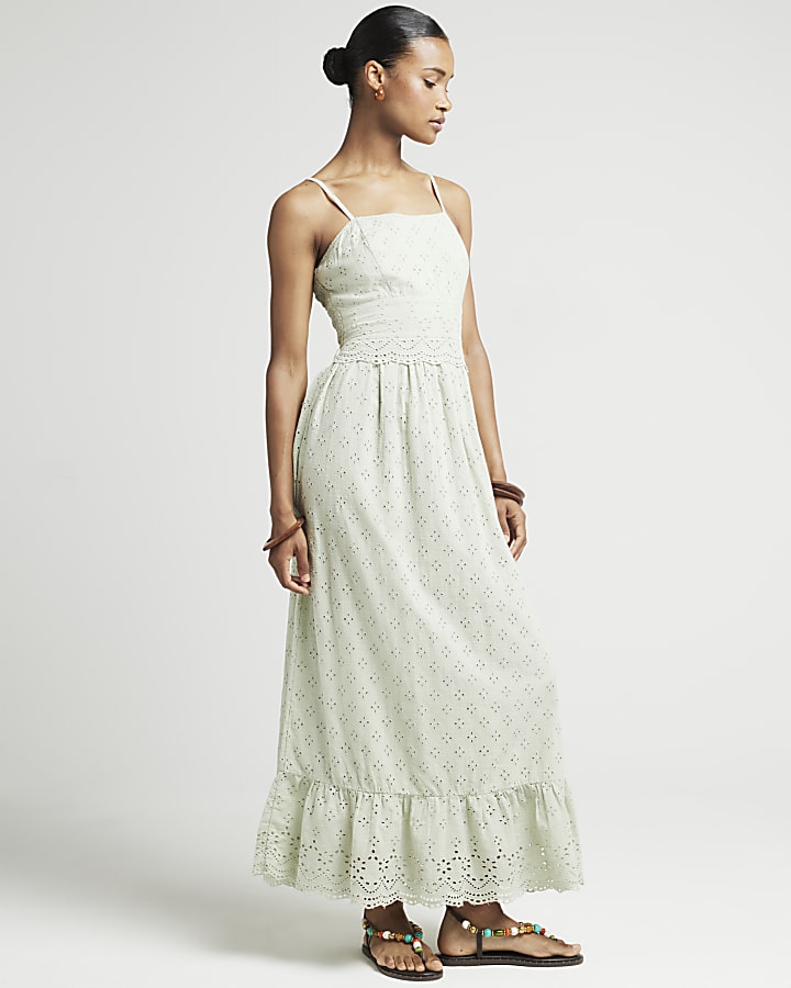 Khaki Broderie Skater Maxi Dress