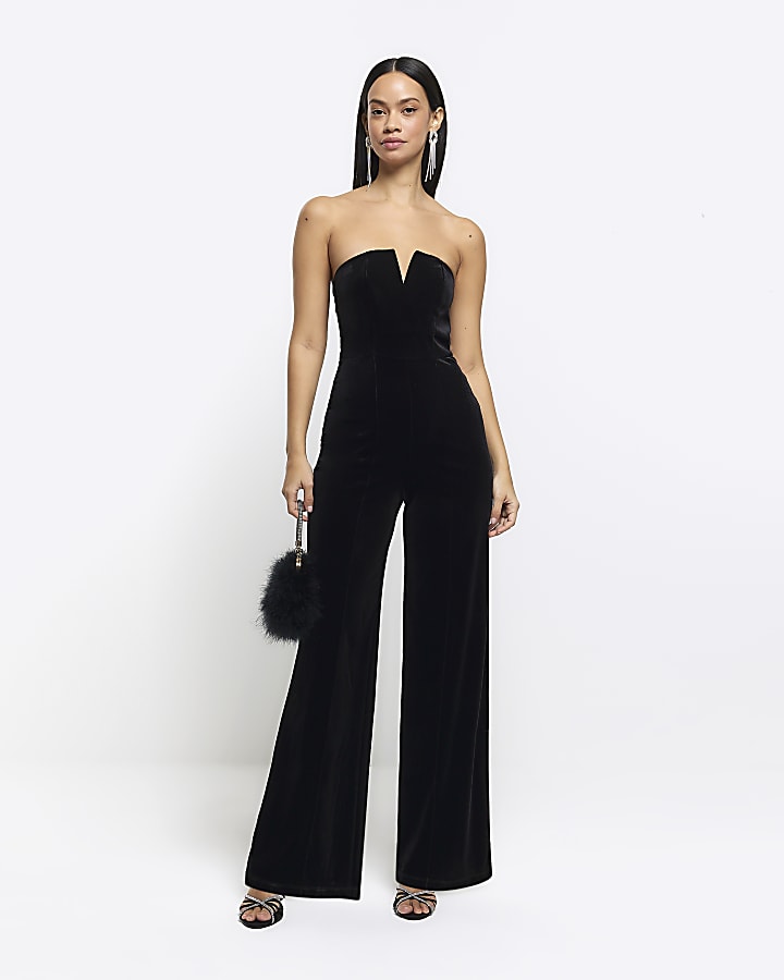 Black velvet bandeau jumpsuit River Island