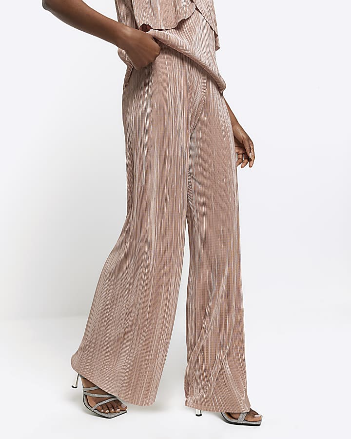 Rose gold plisse flare trousers