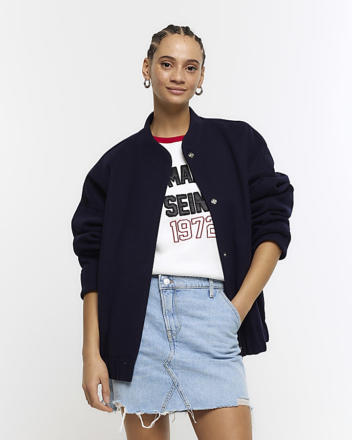 Navy Button Up Bomber Jacket River Island