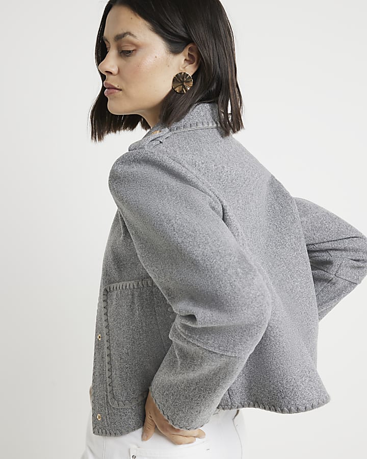 Grey stitch detail collared jacket