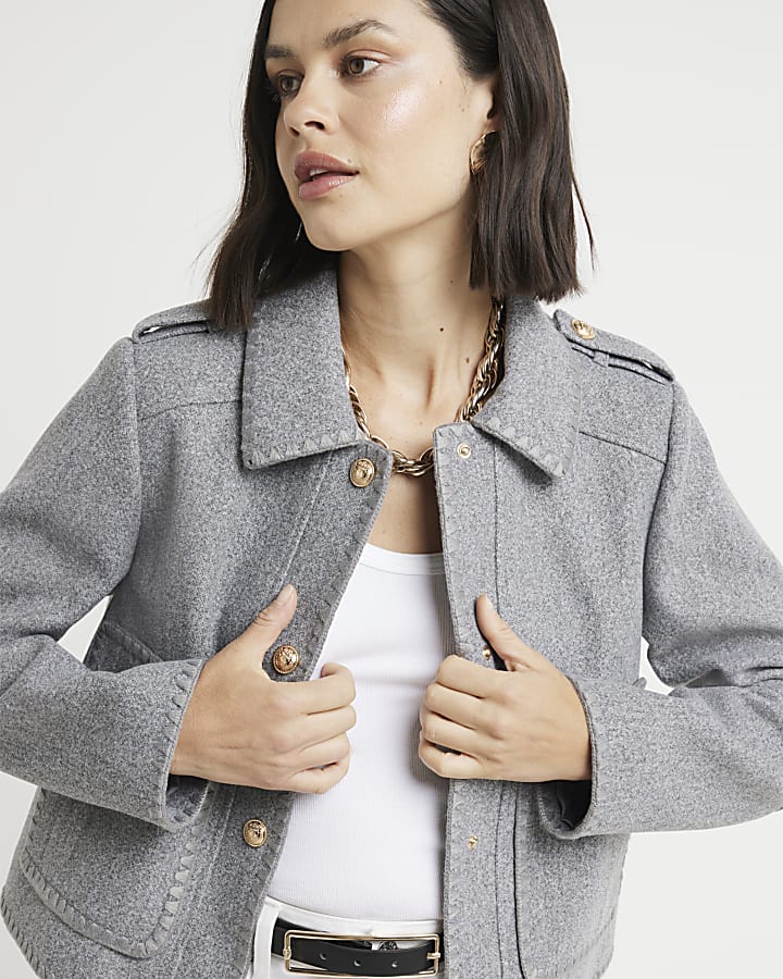 Grey stitch detail collared jacket