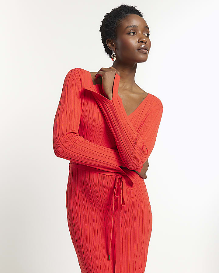 Red knit rib jumper maxi dress