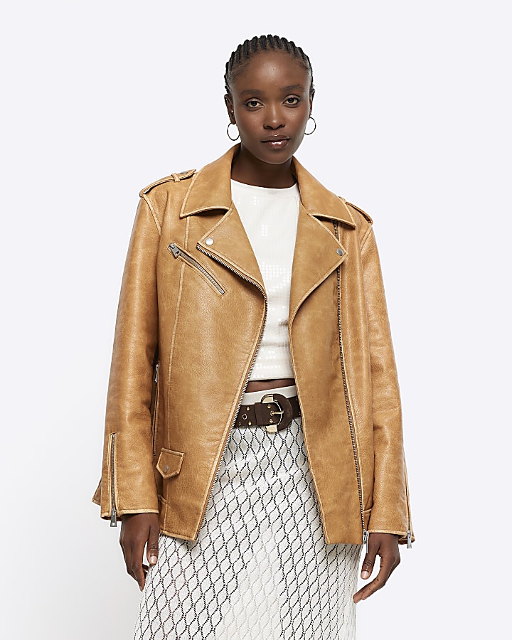 Brown oversized faux leather biker jacket River Island