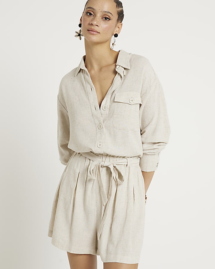 Stone linen blend pocket shirt