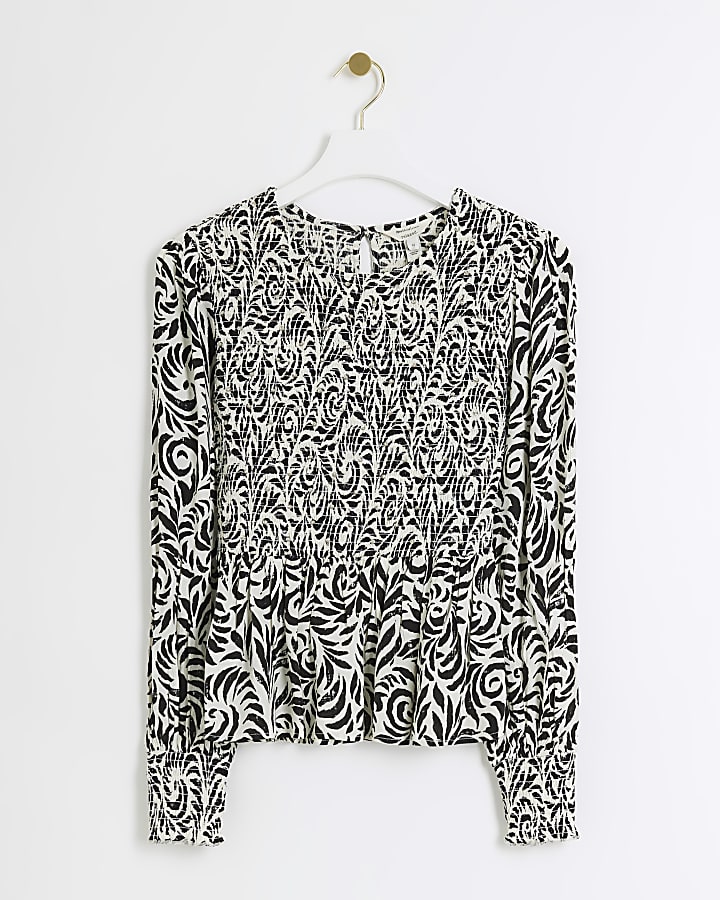 Black abstract shirred blouse