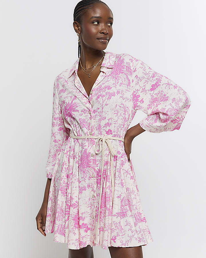 Pink floral belted mini shirt dress