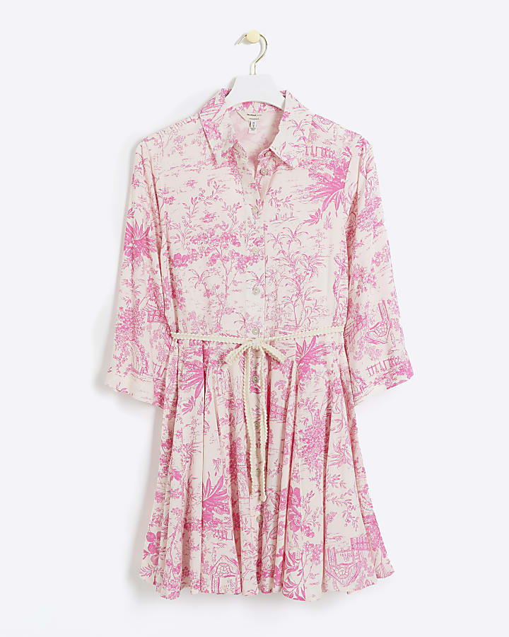 Pink floral belted mini shirt dress