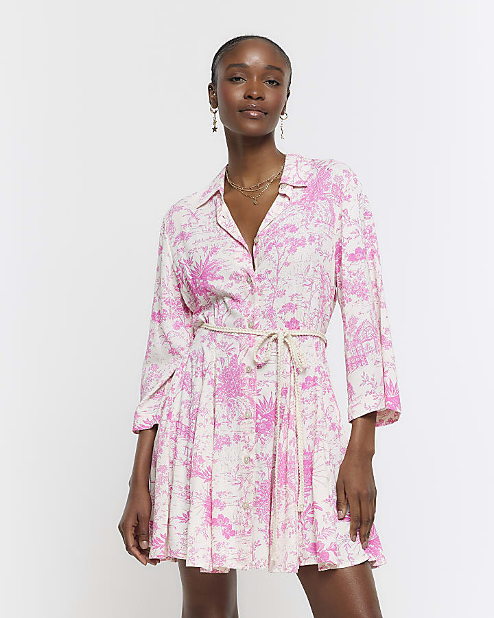 Pink floral belted mini shirt dress River Island