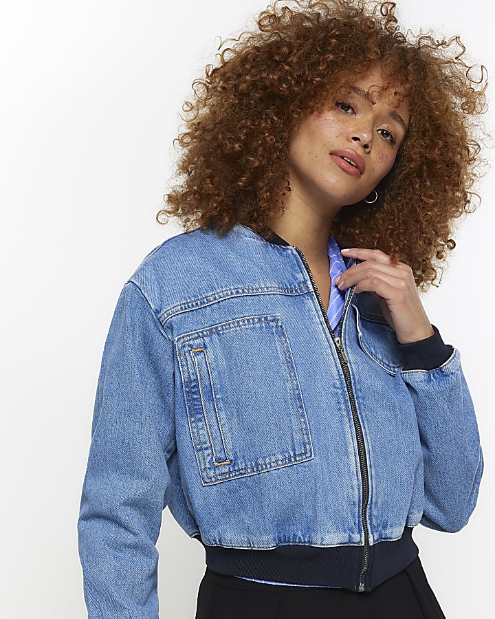 Blue cropped denim bomber jacket