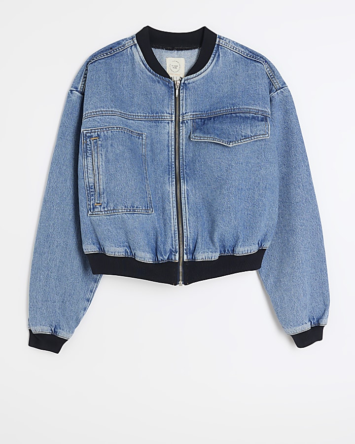 Blue cropped denim bomber jacket