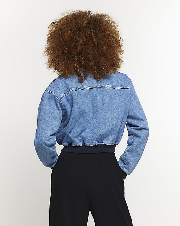 Blue cropped denim bomber jacket