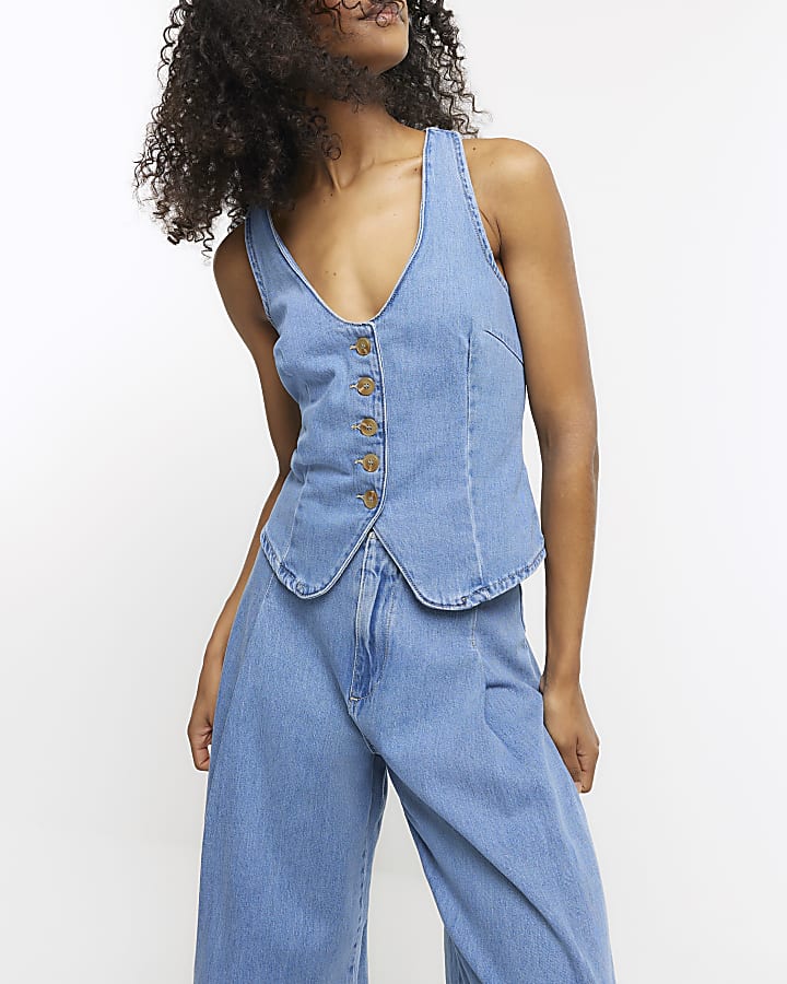 Blue button up denim waistcoat