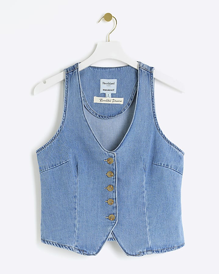 Blue button up denim waistcoat