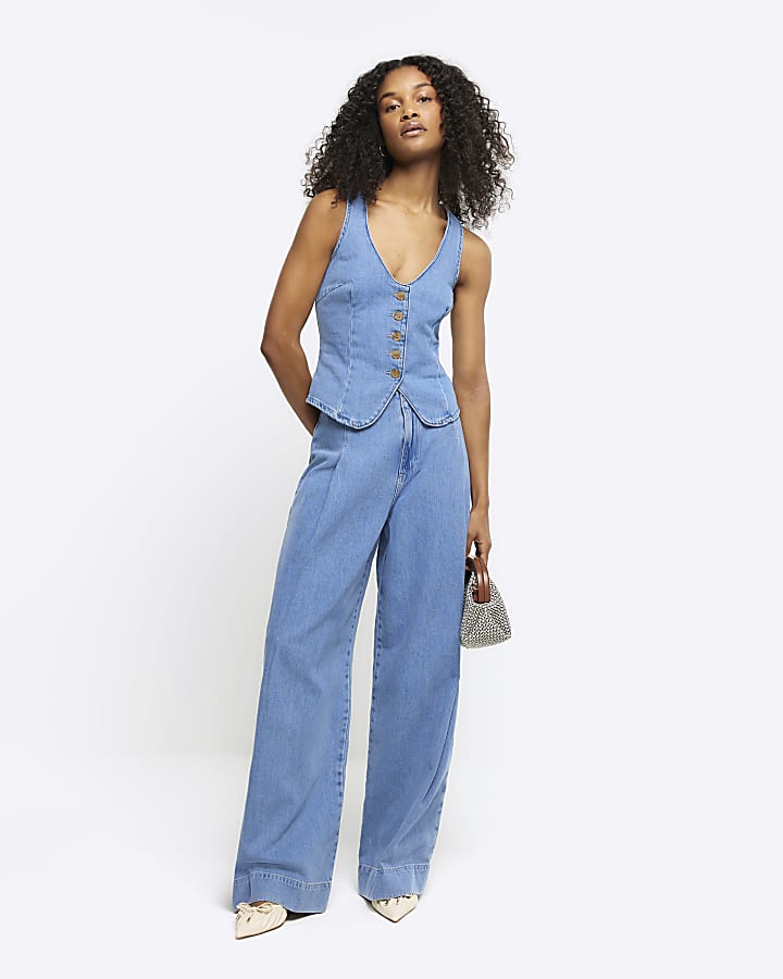 Blue button up denim waistcoat