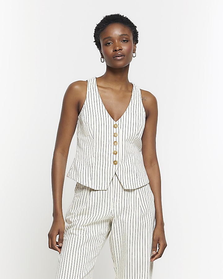 Beige stripe denim waistcoat