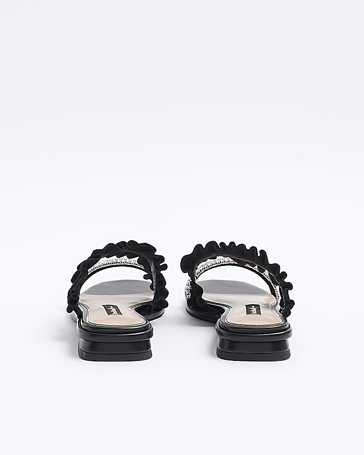 Black suede ruffle strap sandals
