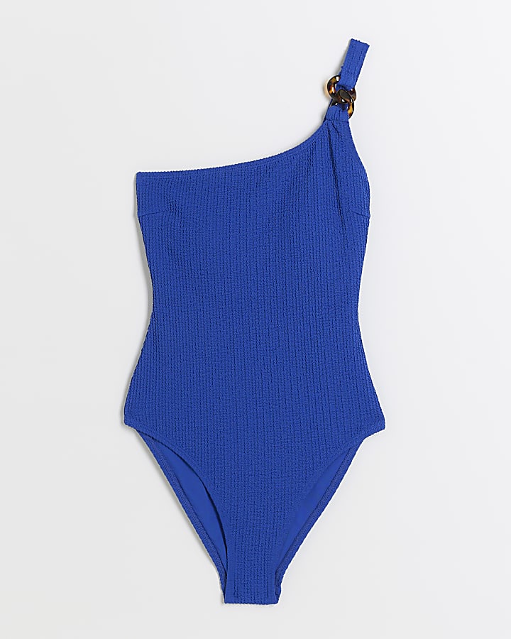 Blue textured one shoulder swimsuit