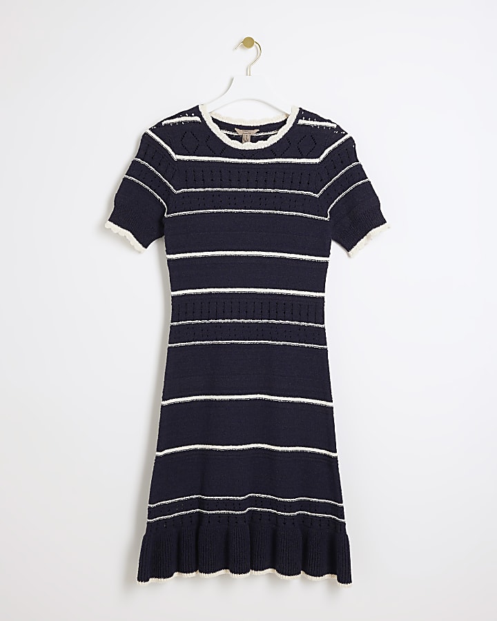 Navy knit stripe peplum skater mini dress