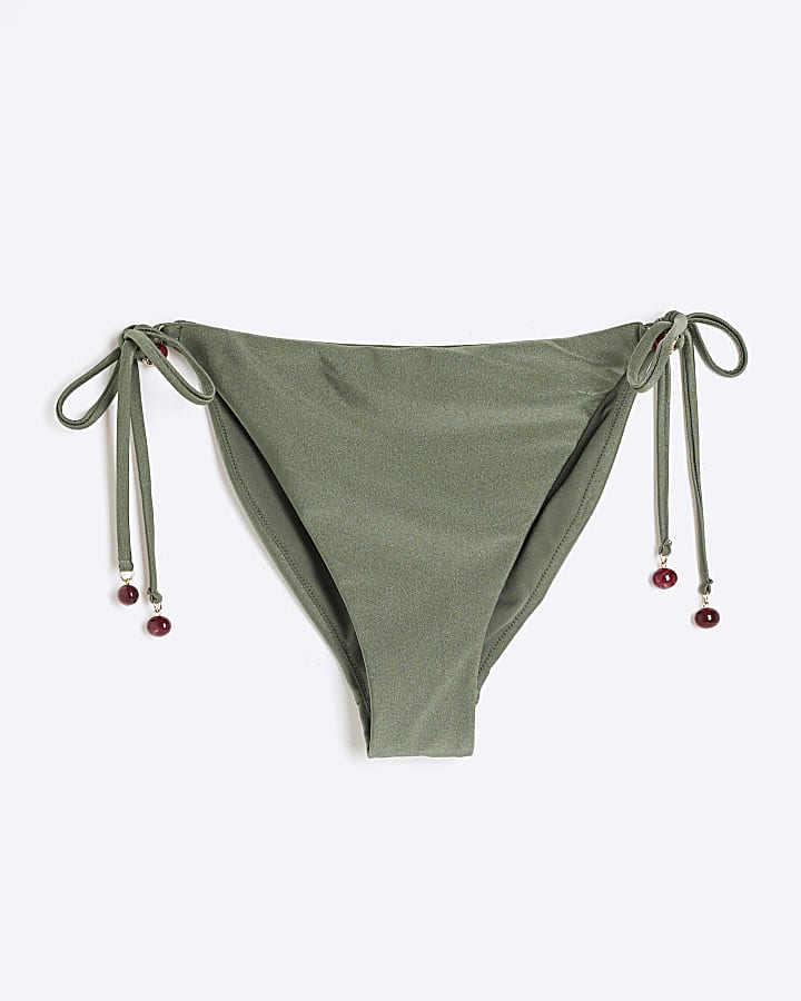 Khaki beaded tie side bikini bottoms