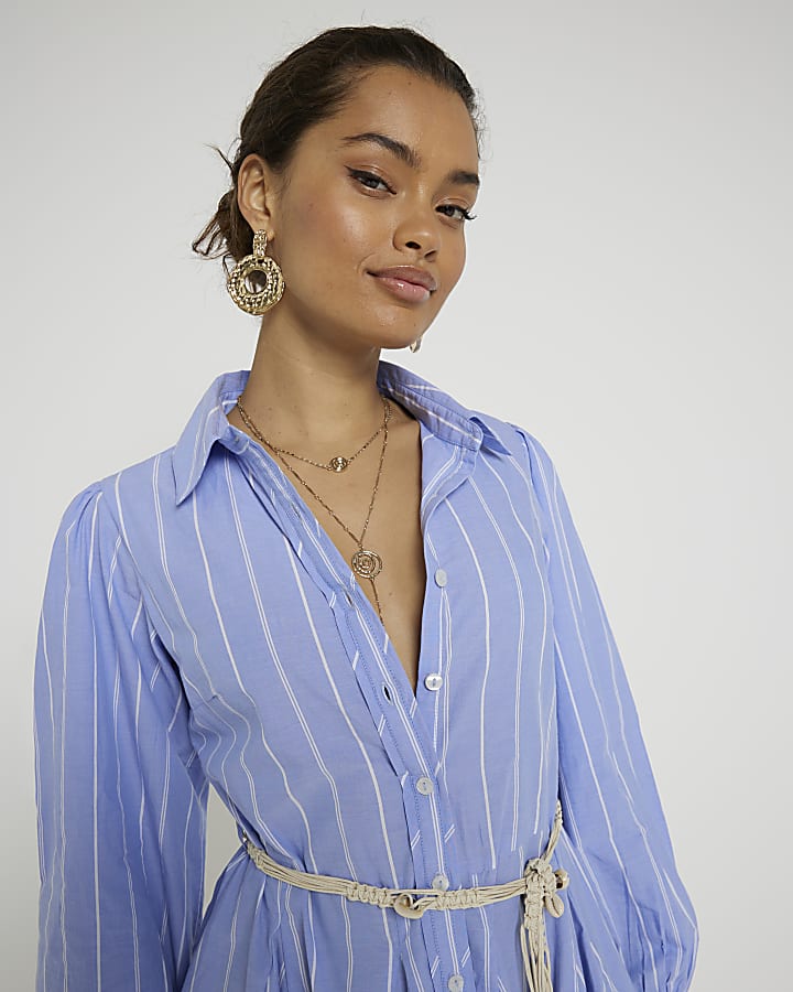 Petite blue stripe belted mini shirt dress