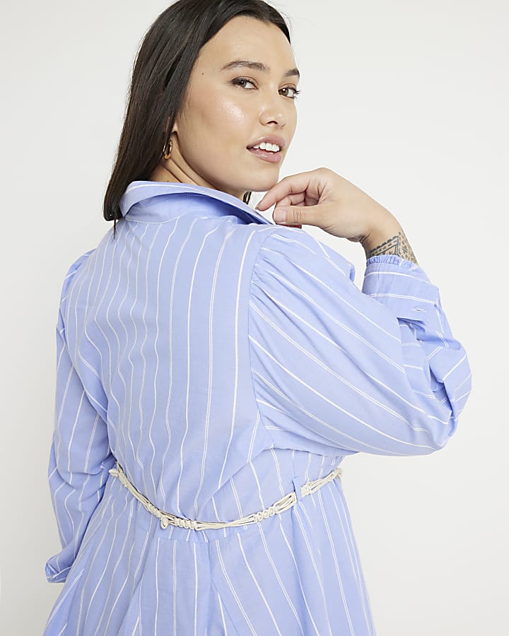 Plus blue stripe belted mini shirt dress