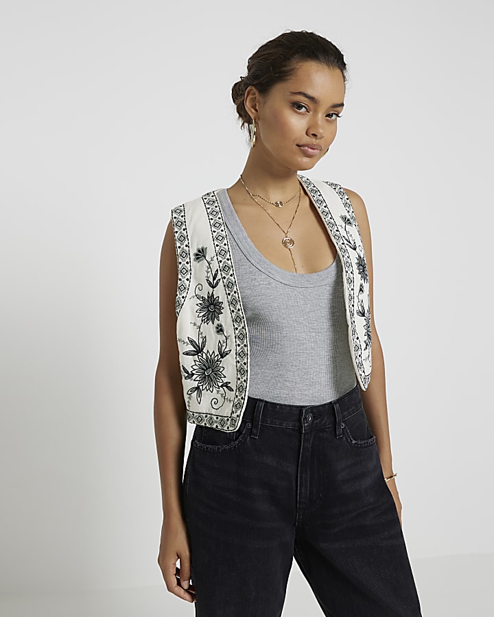 Petite Cream Embroidered Floral Waistcoat