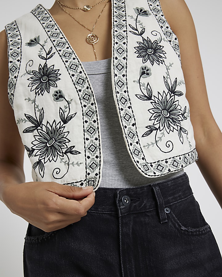 Petite Cream Embroidered Floral Waistcoat