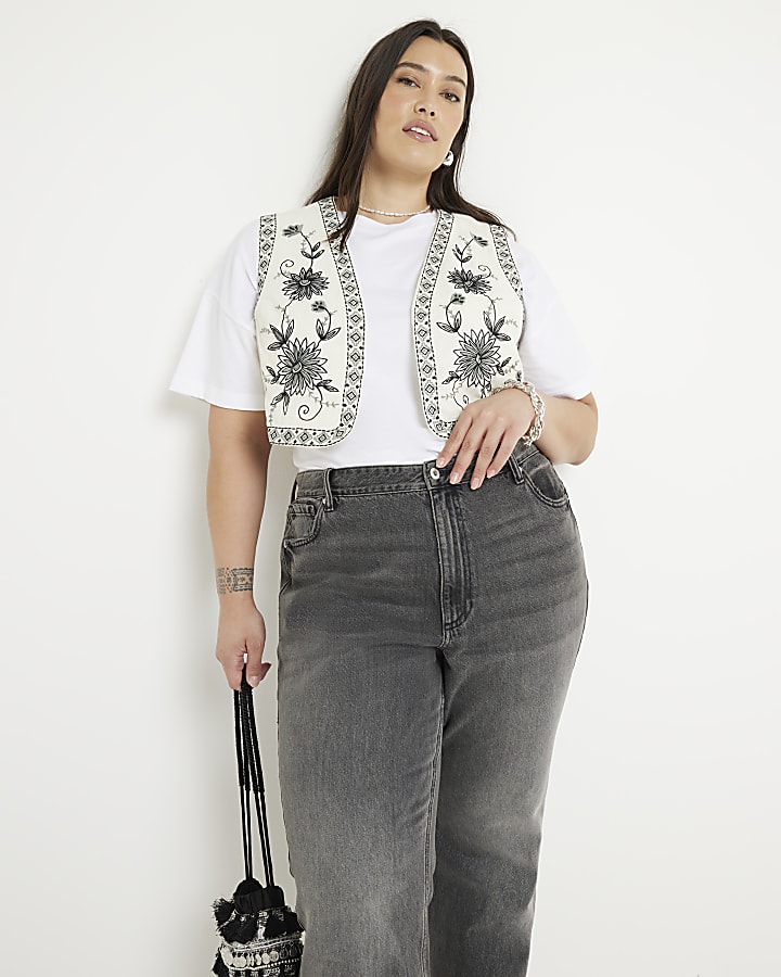 Plus Cream Embroidered Floral Waistcoat