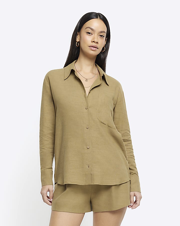 Khaki linen blend long sleeve shirt