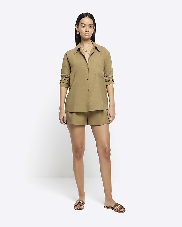 Khaki linen blend long sleeve shirt