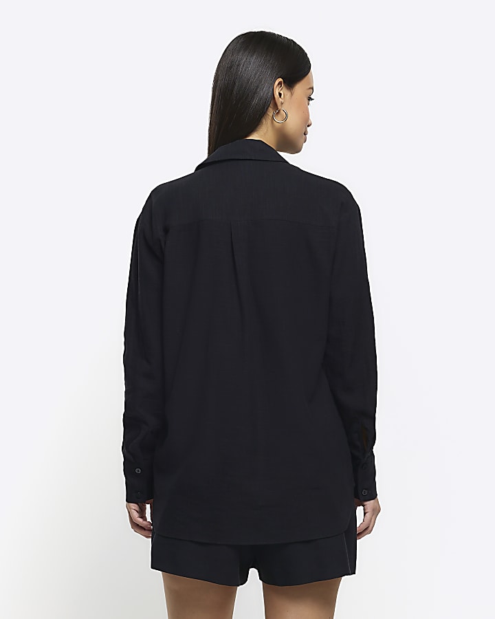 Black linen blend long sleeve shirt