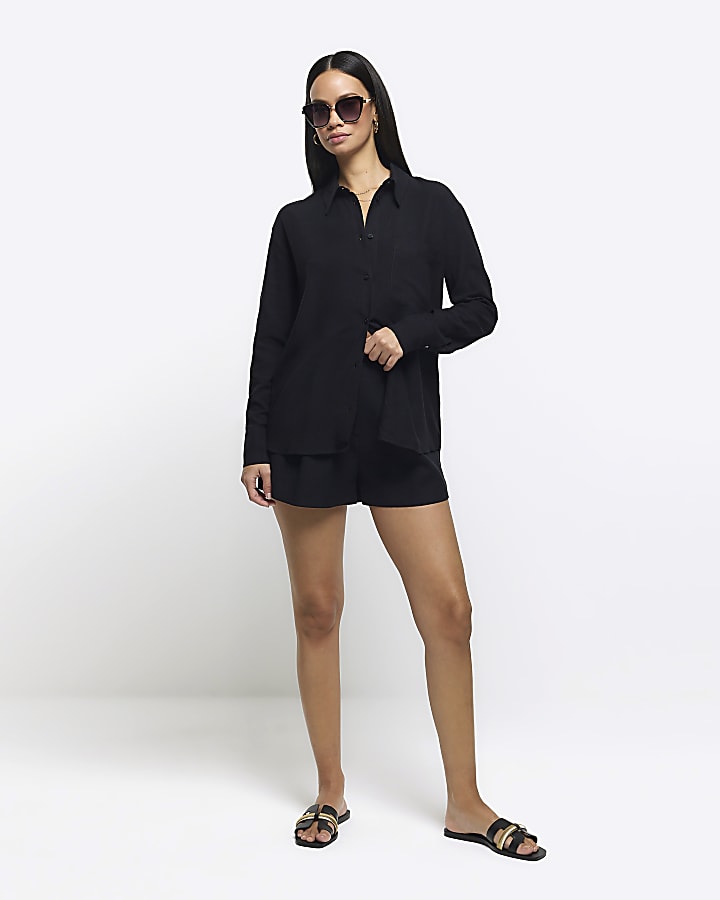 Black linen blend long sleeve shirt