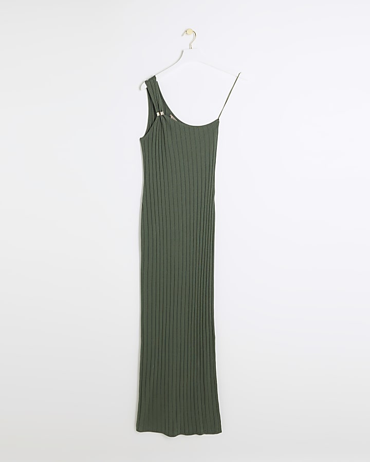 Khaki knit one shoulder bodycon maxi dress