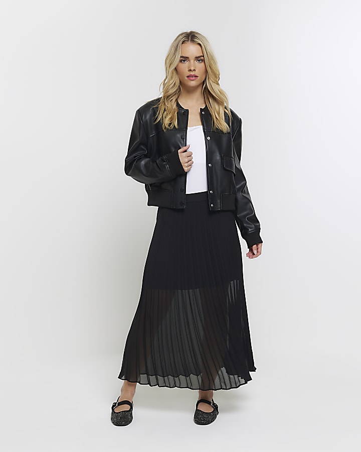 Petite Black Pleated Sheer Midi Skirt River Island