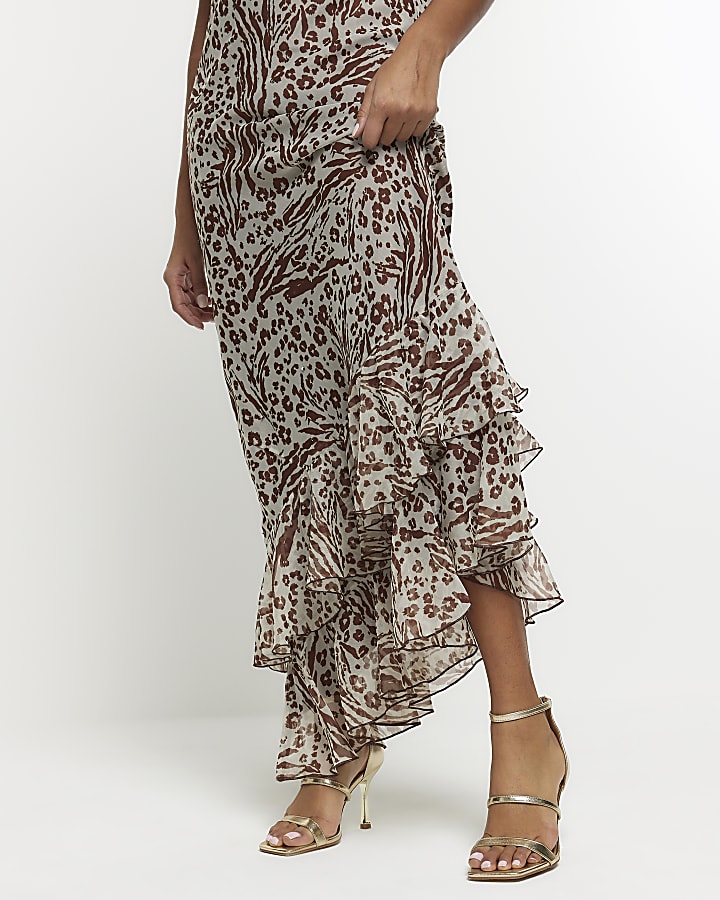 Brown leopard print frill slip maxi dress