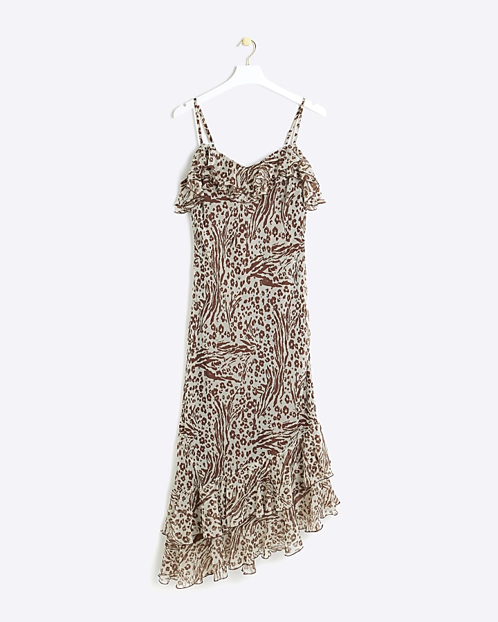 Brown leopard print frill slip maxi dress