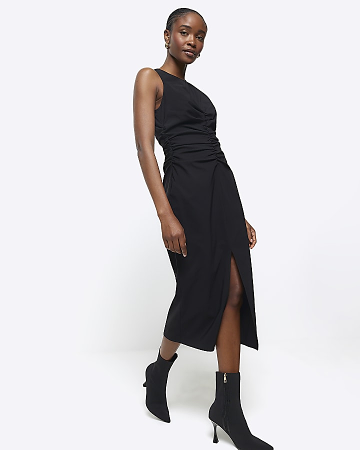 Black ruched split bodycon midi dress