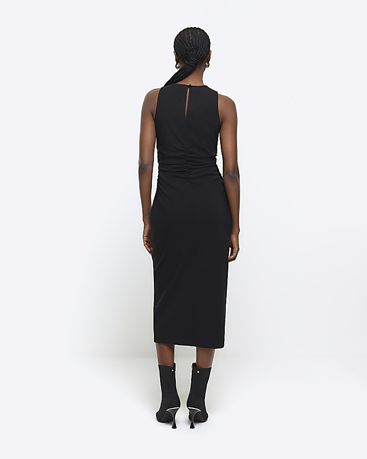 Black ruched split bodycon midi dress