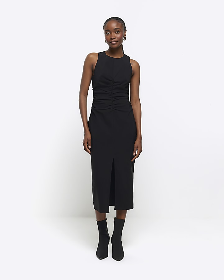 Black ruched split bodycon midi dress