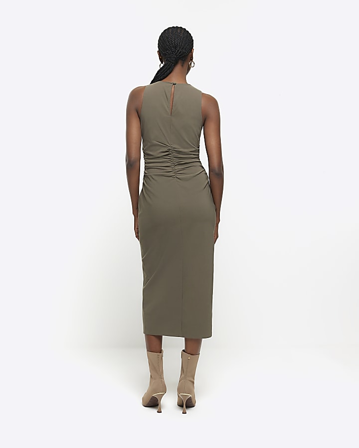 Khaki ruched split bodycon midi dress