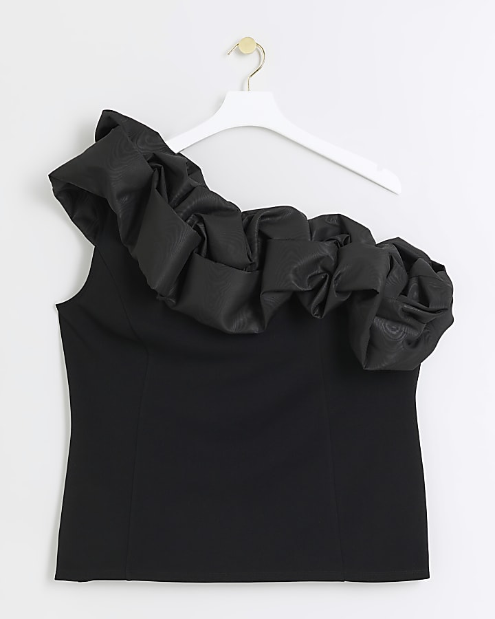 Plus black ruched asymmetric sleeveless top